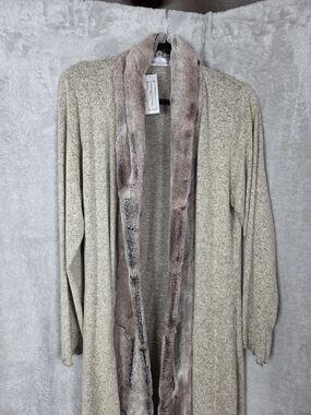Wine Street Cozy Open-Front Cardigan with Faux-Fur Trim - Taupe